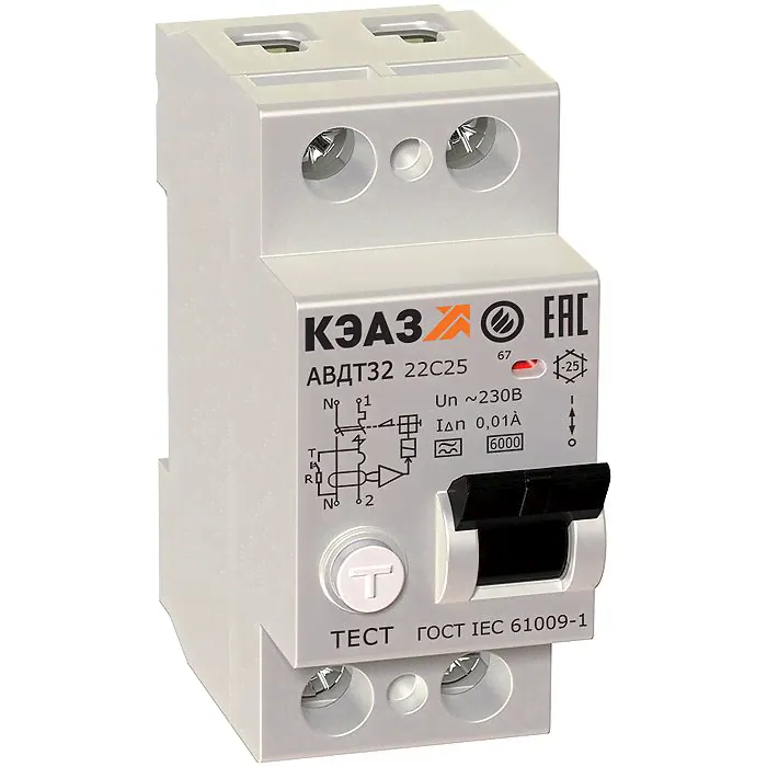 Дифавтомат КЭАЗ АВДТ32 2P 16А (C) 6 кА, 30 мА (A), 228065